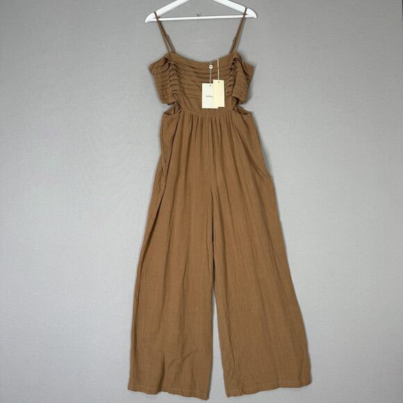Allie Rose Bohme Jumpsuit Womens Large Brown Wide Leg Cutout Pleated Resort Boho - Picture 2 of 16